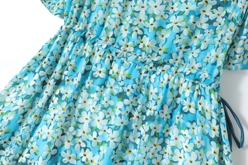 100% Silk Women's Dresses O Neck Short Sleeves Lace Up Waist Floral Printed Elegant Summer Dress Vestidos - Image 13