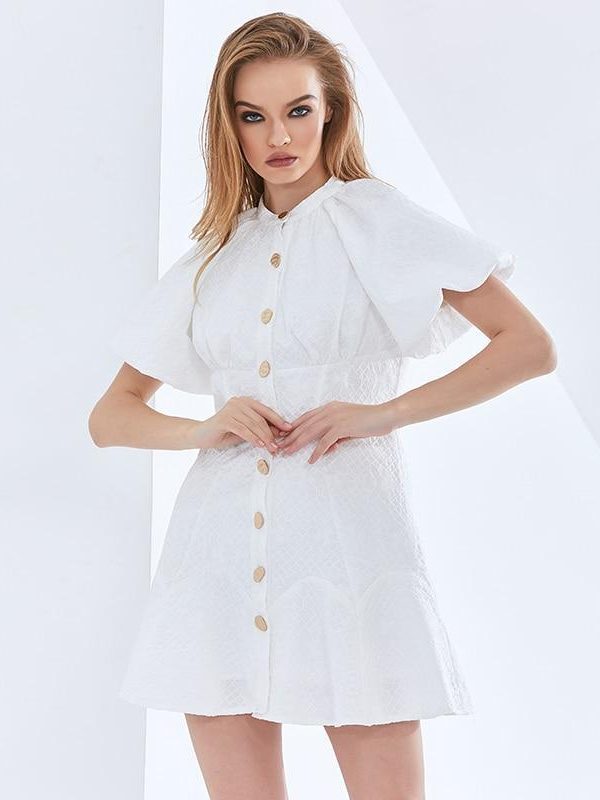 White Elegant Oversized Dress For Women O Neck Puff Sleeve High Waist Female Summer Dresses Womens Clothing 2021 - Takalr