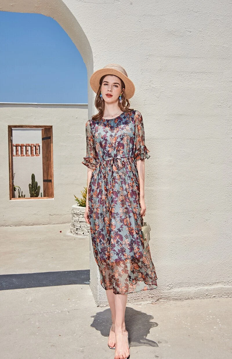 100% Silk Women's Runway Dresses O Neck Short Sleeves Ruffles Floral Printed Lace Up Waist Fashion Casual Mid Calf Dresses - Image 2