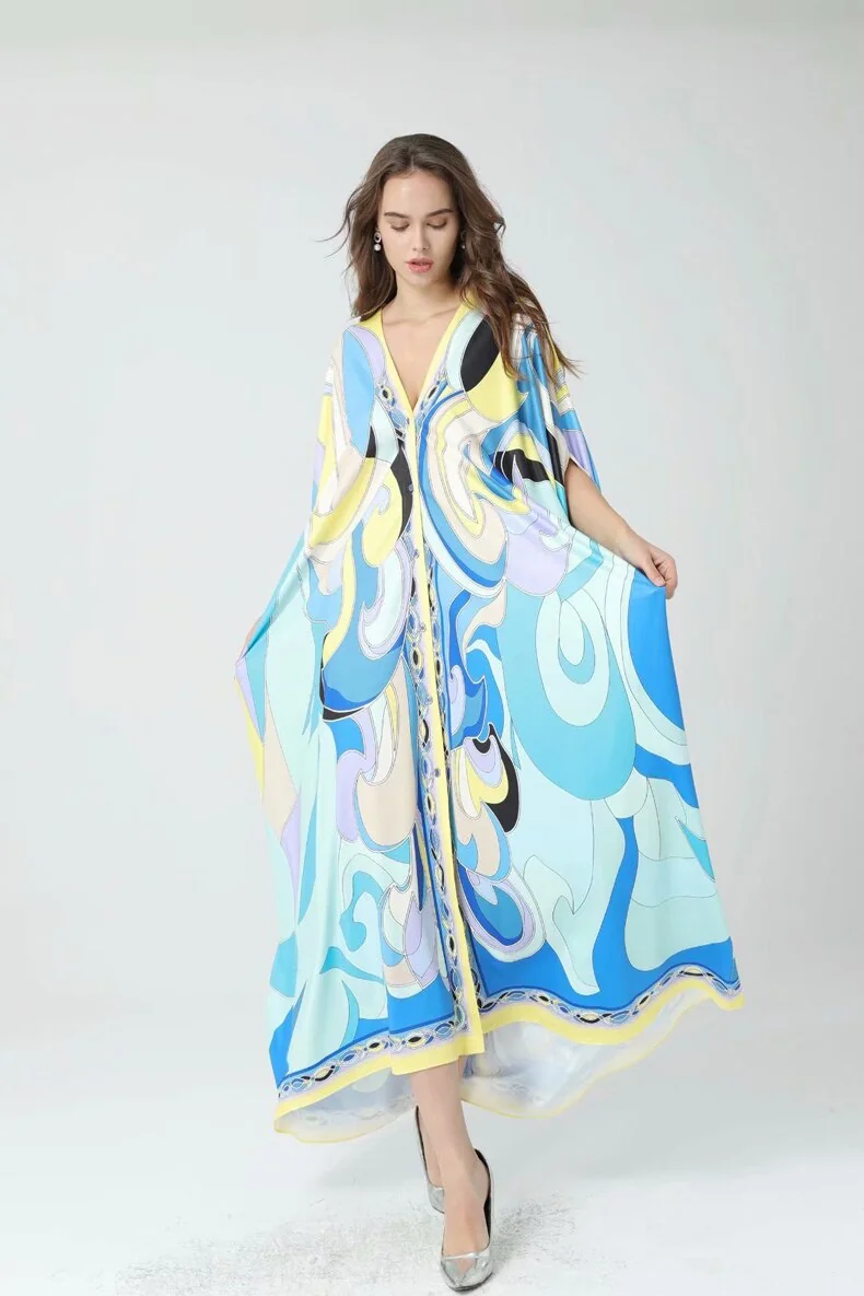 Women's Runway Dresses Sexy V Neck Ruched Picked Up Loose Design Printed Fashion High Street Long Robes Vestidos - Image 4