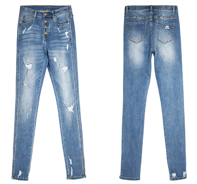 Ripped Mid-waist Stretch Jeans Women's Trousers Pencil Pants Split Hem Destroy Jeans - Image 7