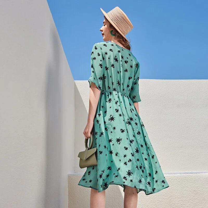 100% Silk Women's Runway Dresses v Neck Short Sleeves Printed Elastic Waist Fashion Holiday Dresses - Image 5