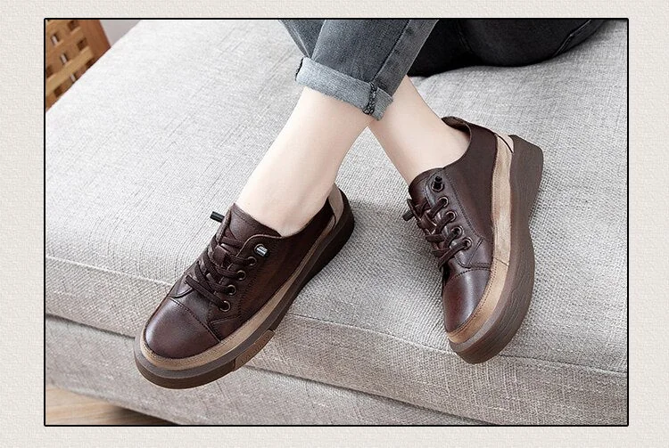 Genuine Leather Retro Women Sneakers Casual Lace Up Flat Ladies Shoes Fashion Breathable Comfort Women's Flat Shoes - Image 7
