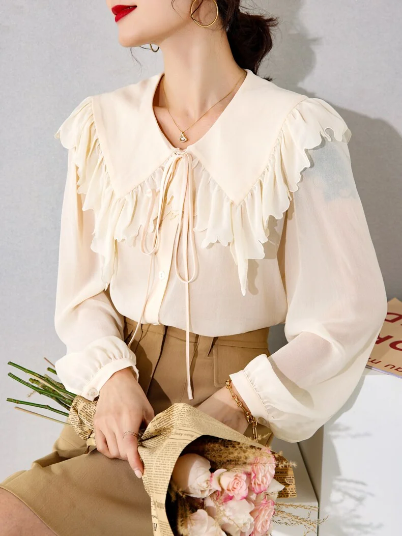 100% Silk Women's Shirt Turn Down Collar Long Sleeves Lace Up Ruffles Elegant Fashion Blouse Tops - Image 14