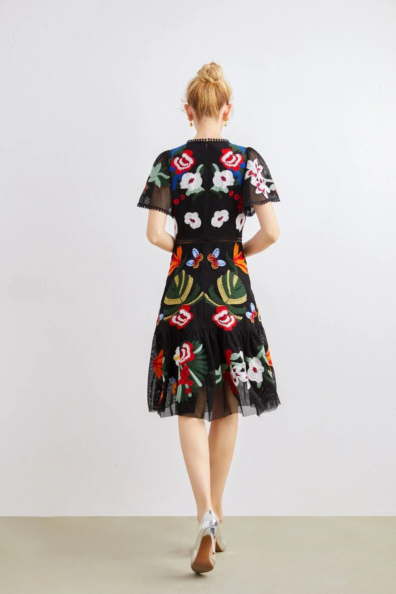 Women's Runway Dresses O Neck Short Sleeves Embroidery Elegant High Street Fashion Casual Dresses - Image 6