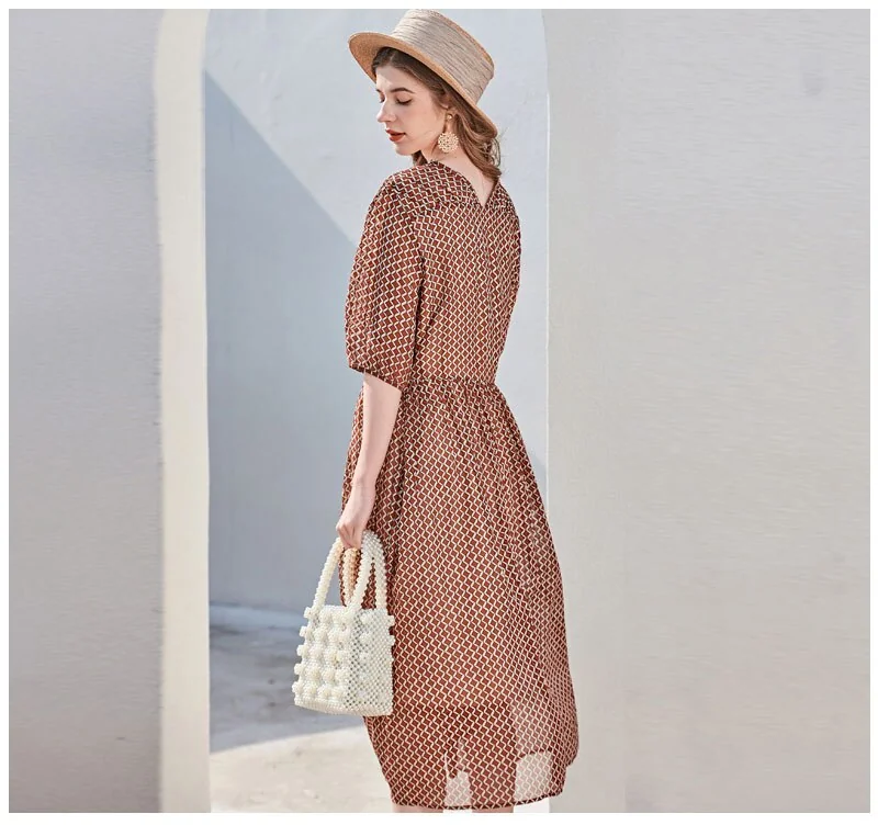 100% Silk Women's Runway Dresses Sexy V Neck Half Sleeves Printed Lace Up Waist Fashion Casual Holiday Dresses - Image 3