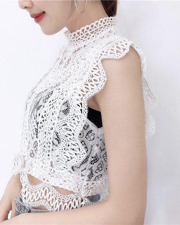 Summer new women's fresh temperament openwork lace top women's solid color wild vest women - Takalr