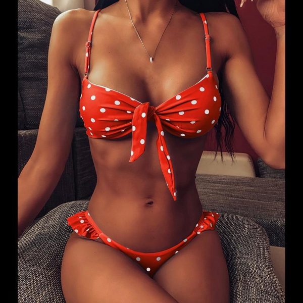 2021 Bikinis Mujer Sexy Ruffle Swimwear Women Tie Front Swimsuit Polka Dot Print Biquini Beach Wear Bathers Bathing Suit - Takalr