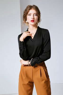 100% Pure Silk Women's Runway Shirts Sexy V Neck Long Sleeves Embroidery Elegant Shirt Blouse