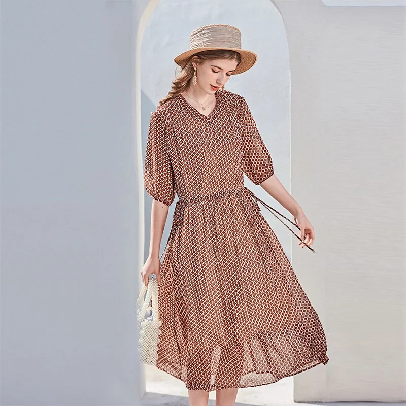 100% Silk Women's Runway Dresses Sexy V Neck Half Sleeves Printed Lace Up Waist Fashion Casual Holiday Dresses - Image 2