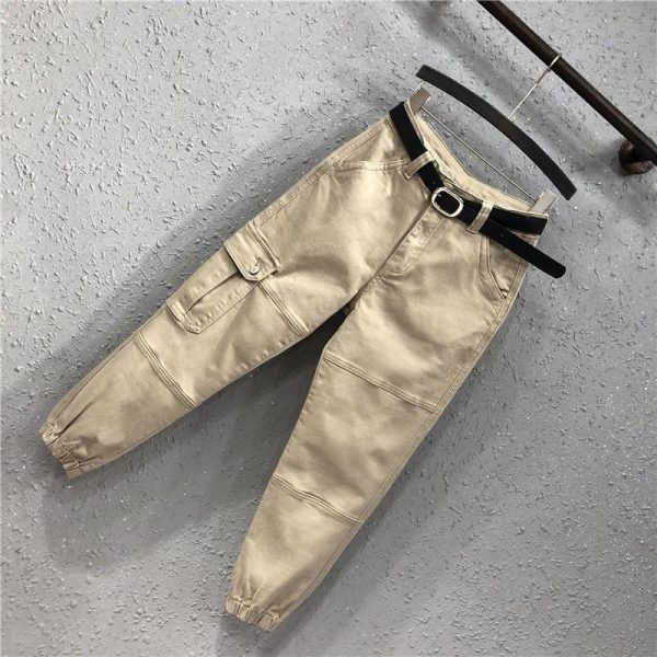 high waist pants sashes pockets office ladies pants  women's spring autumn large size loose waist casual nine-point pant - Takalr