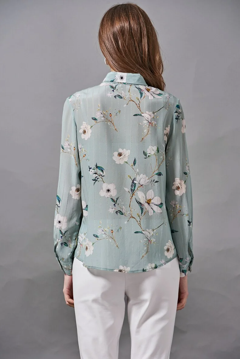 100% Silk Women's Shirt Bow Collar Lace Up Floral Printed Elegant High Street Blouse Camisa Tops - Image 3