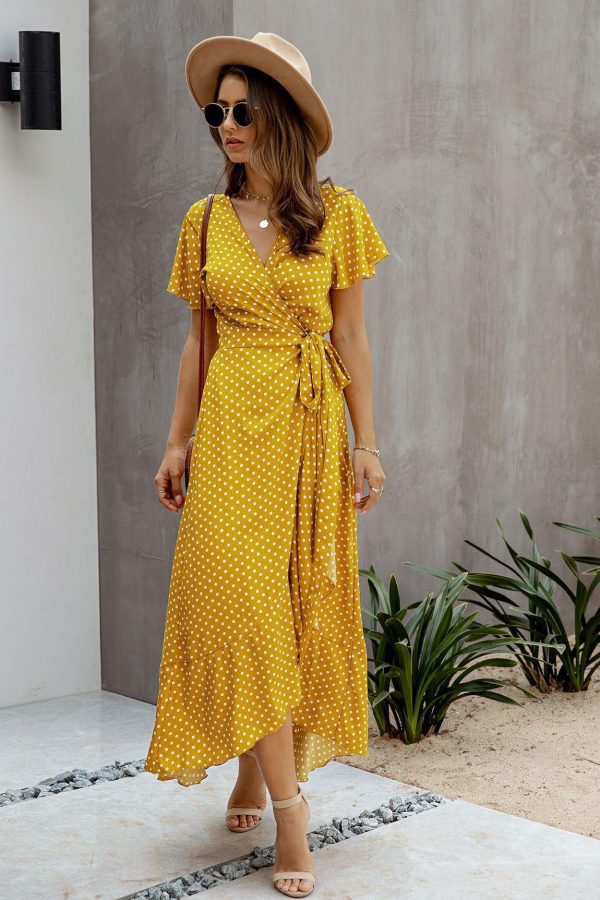 Summer Maxi Dress Women Polka Dot Sexy V Neck Ruffles Short Sleeve Holiday Long Beach Sundress Ladies Lace Up Wrap Party Dresses - Takalr