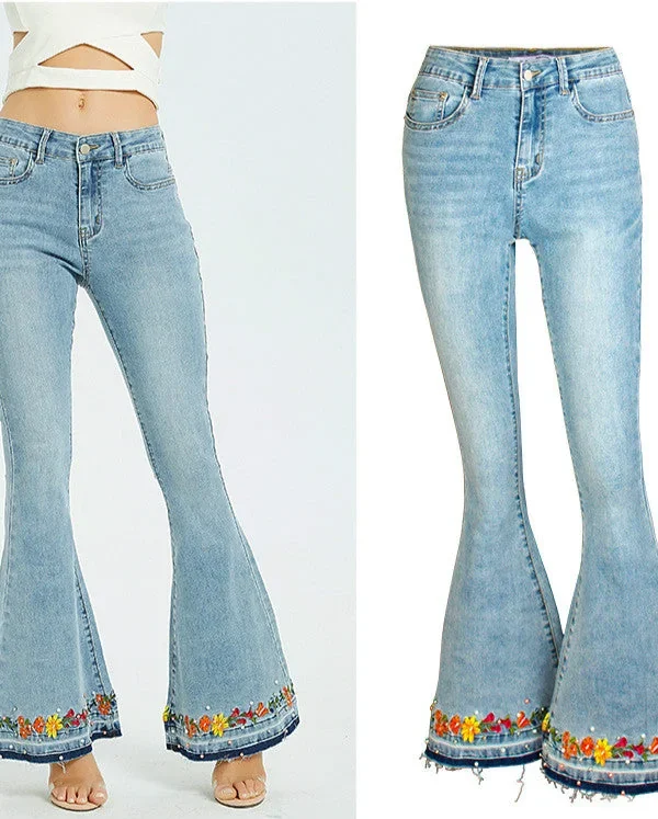 Floral Embroidery Jeans WomanWomen Ladies Jeans Flare Pants