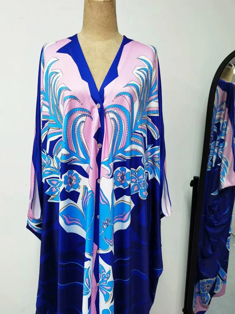 Women's Runway Dresses Sexy V Neck Batwing Sleeves Picked Up Printed Elegant Loose Design Fashion Casual Robes Maxi Dresses - Image 10