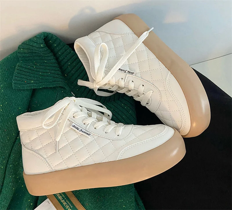 Women Shoes Autumn White PU Leather Sneakers Fashion Platform Sport Shoes Plaid Lace-up Casual Comfy Ankle Boots - Image 13