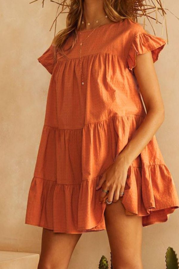 Women Casual Ruffle O Neck Short Sleeve Dress - Takalr