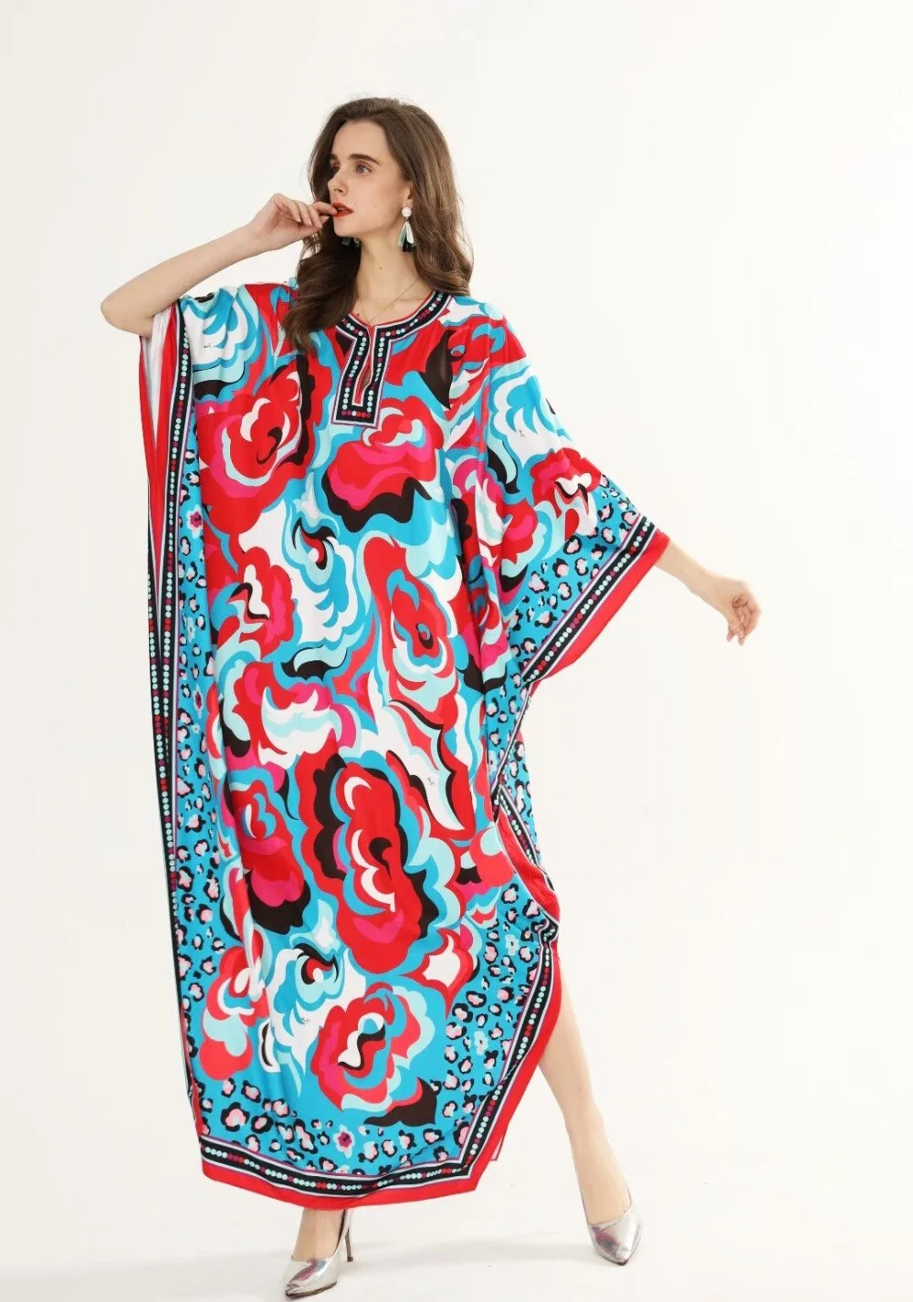 Women's Runway Dresses O Neck Batwing Sleeves Loose Plus Sizes Printed Knitted Elastic Maxi Long Dresses - Image 7