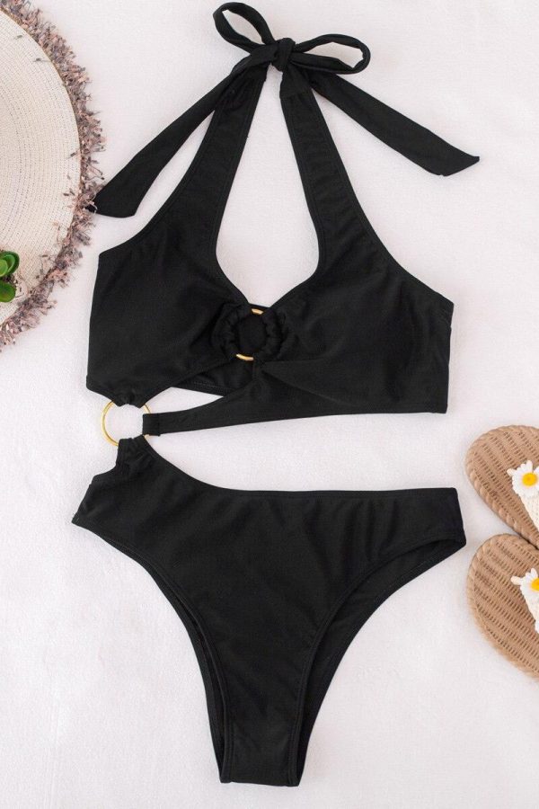 Black One Piece Swimsuits Women Push Up Swimwear Cut Out Monokini Sexy High Cut Bodysuits Bandage Halter Bathers 2021 New - Takalr