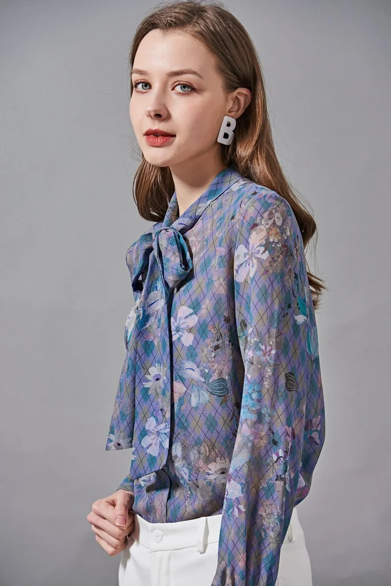 100% Silk Women's Shirt Bow Collar Long Sleeves Floral Plaid Printed Fashion Blouse Camisa Tops - Image 2