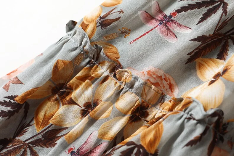 100% Natural Silk Women's Dresses Sexy V Neck Half Sleeves Lace Patchwork Floral Printed Ruffles Fashion Mid Summer Dress - Image 16