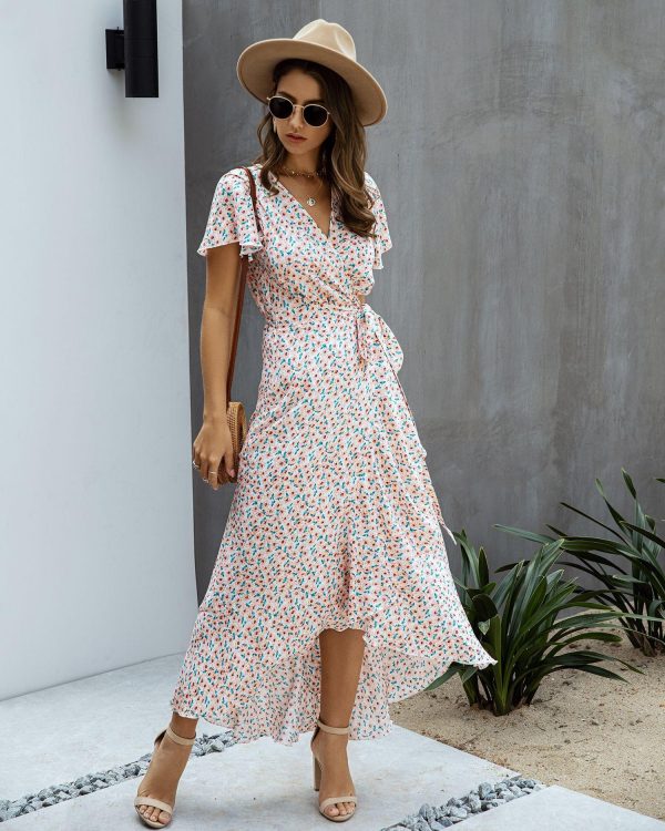 Summer Maxi Dress Women Polka Dot Sexy V Neck Ruffles Short Sleeve Holiday Long Beach Sundress Ladies Lace Up Wrap Party Dresses - Takalr