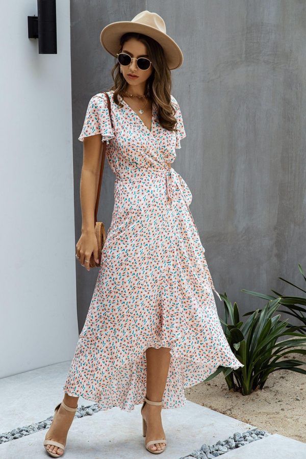 Summer Maxi Dress Women Polka Dot Sexy V Neck Ruffles Short Sleeve Holiday Long Beach Sundress Ladies Lace Up Wrap Party Dresses - Takalr