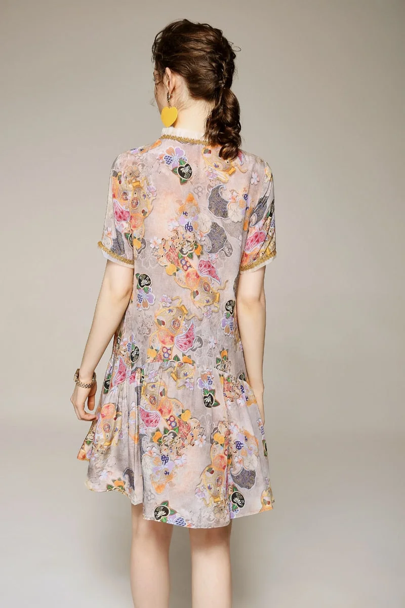 100% Women's Runway Dresses O Neck Ruffles Short Sleeves Embroidrey Lace Patchwork Printed Fashion Floral Dresses - Image 6
