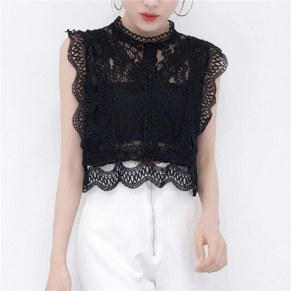 Summer new women's fresh temperament openwork lace top women's solid color wild vest women - Takalr