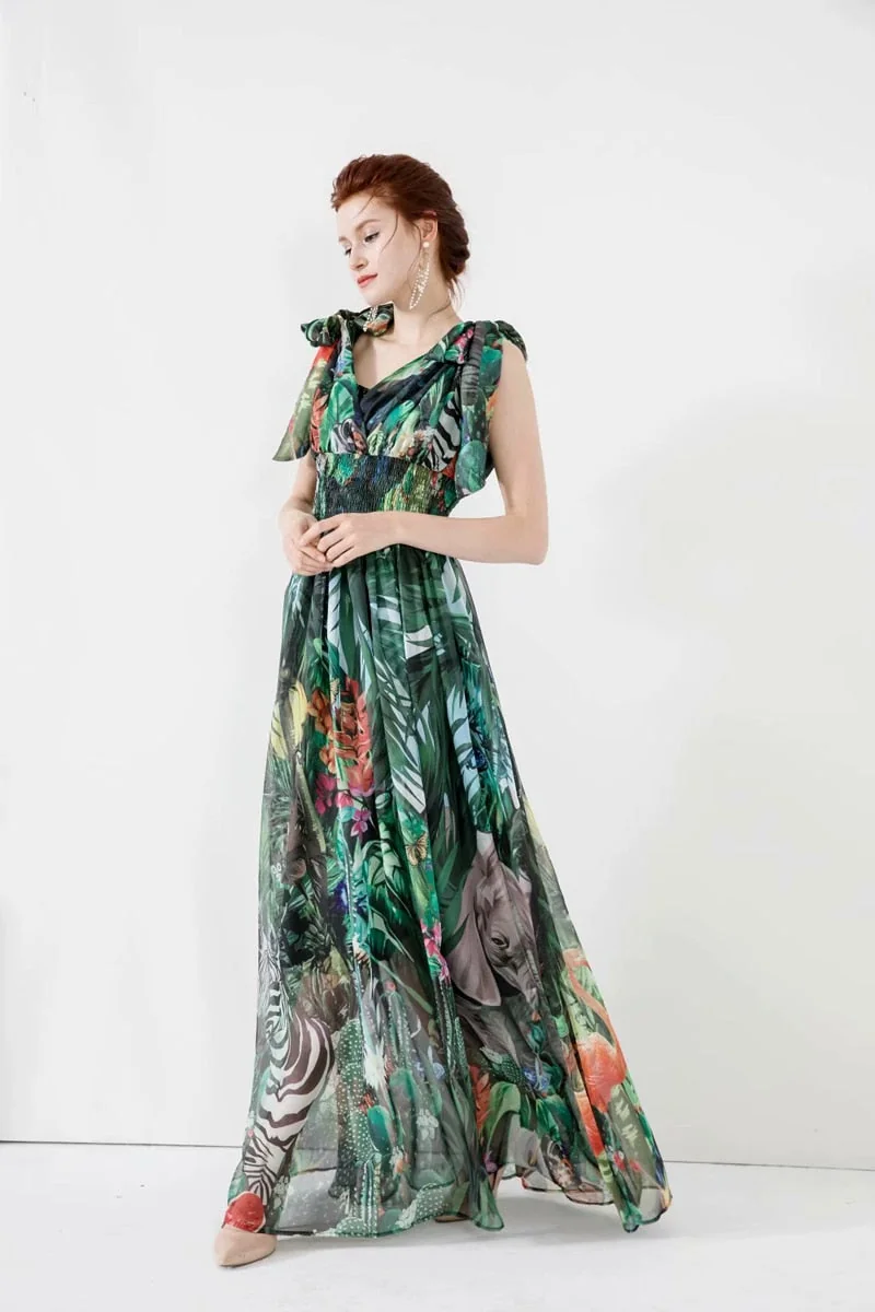 Women's Runway Dresses Sexy V Neck Sleeveless Lace Up Bow Printed Elastic Waist Elegant Long Floral Dresses - Image 5
