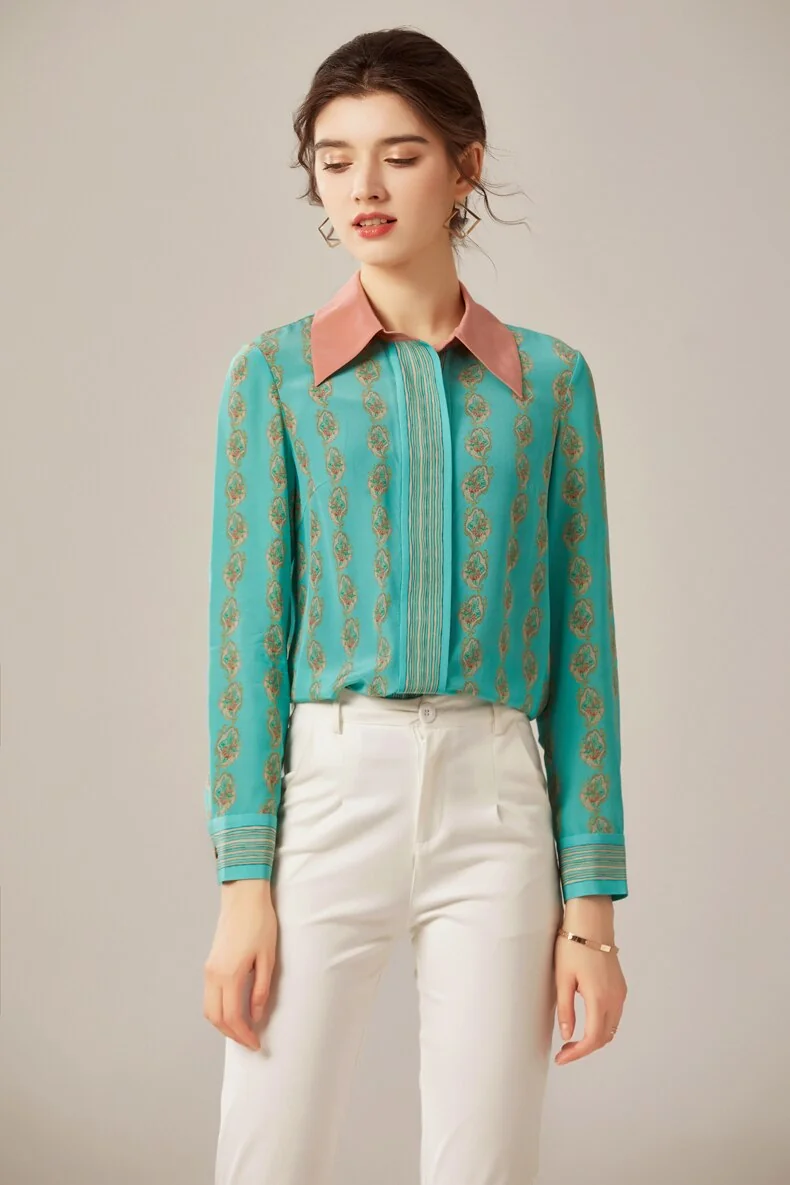 100% Silk Women's Shirt Turn Down Collar Printed Long Sleeves Fashion Blouse Tops - Image 3