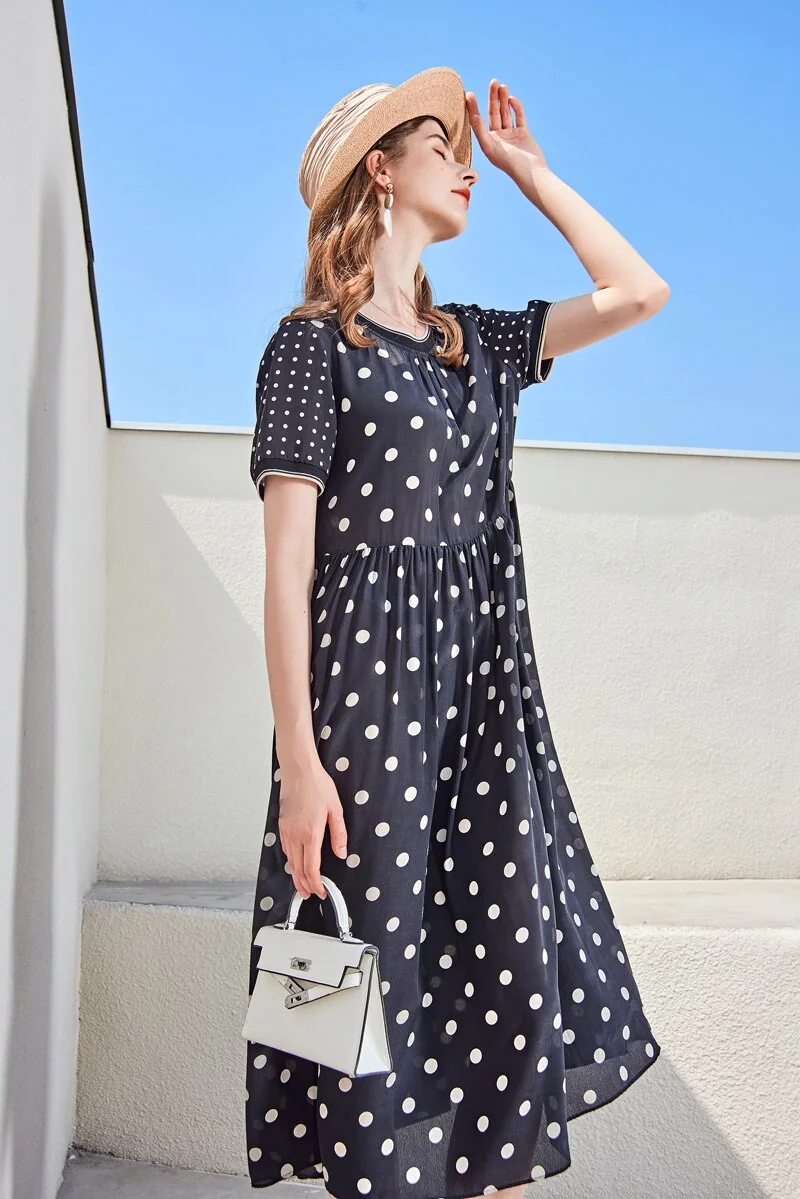 100% Silk Women's Runway Dresses O Neck Short Sleeves Polka Dots Printed Ruched Fashion High Street Summer Dresses - Image 2