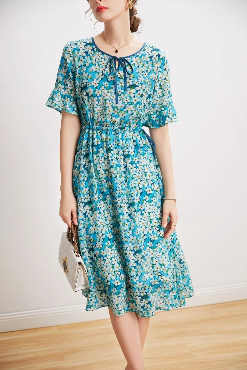 100% Silk Women's Dresses O Neck Short Sleeves Lace Up Waist Floral Printed Elegant Summer Dress Vestidos - Image 2