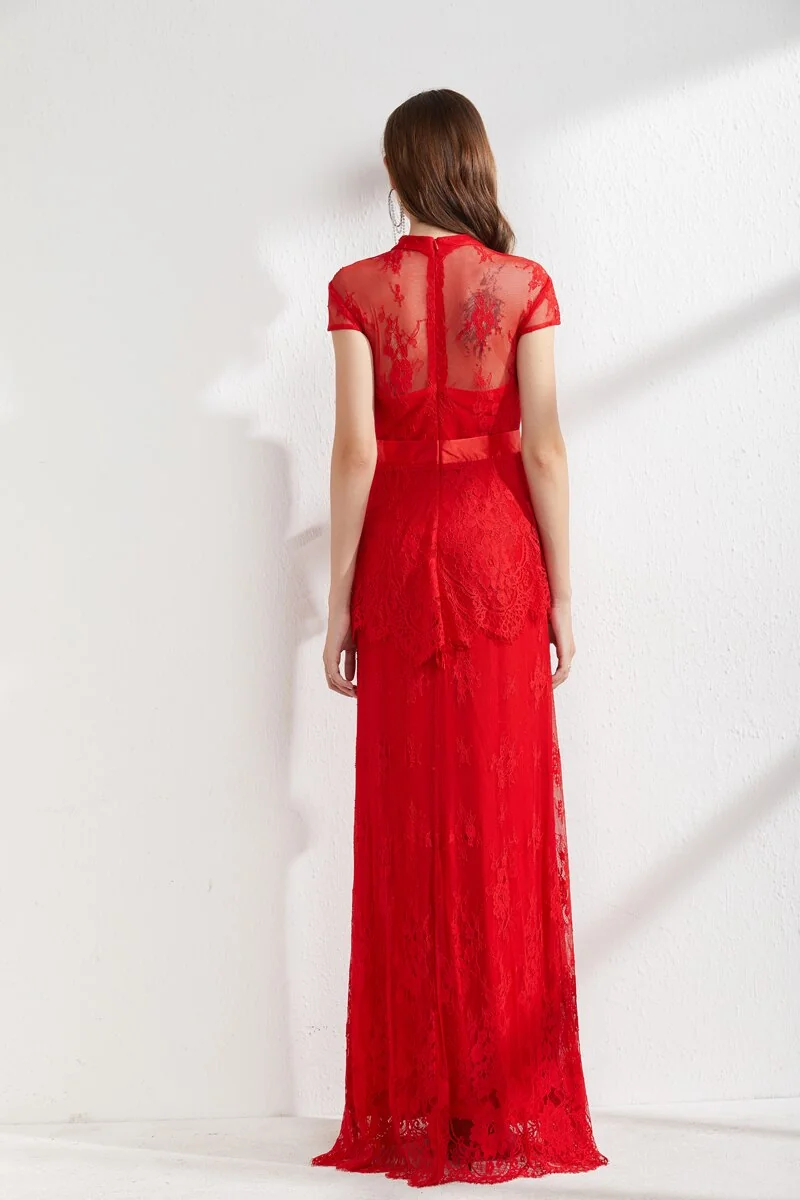 Women's Runway Dresses Stand Collar Short Sleeves Embroidery Lace Ruffles Elegant Long Pencil Evening Party Prom - Image 11