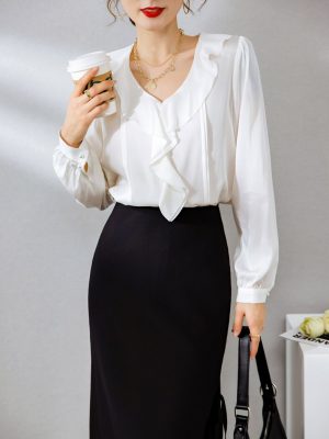 100% Silk Women's Shirt Sexy V Neck Ruffles Long Sleeves Fashion Pullover Elegant Blouse Camisas