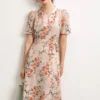 100% Natural Silk Women's Dresses Sexy V Neck Short Sleeves Floral Printed Fashion Summer Dress Vestidos
