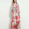 Women's Runway Dresses O Neck Batwing Sleeves Lace Up Printed Fashion Long Dress with Plus Sizes
