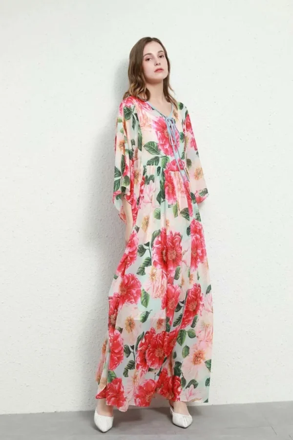 Women's Runway Dresses O Neck Batwing Sleeves Lace Up Printed Fashion Long Dress with Plus Sizes