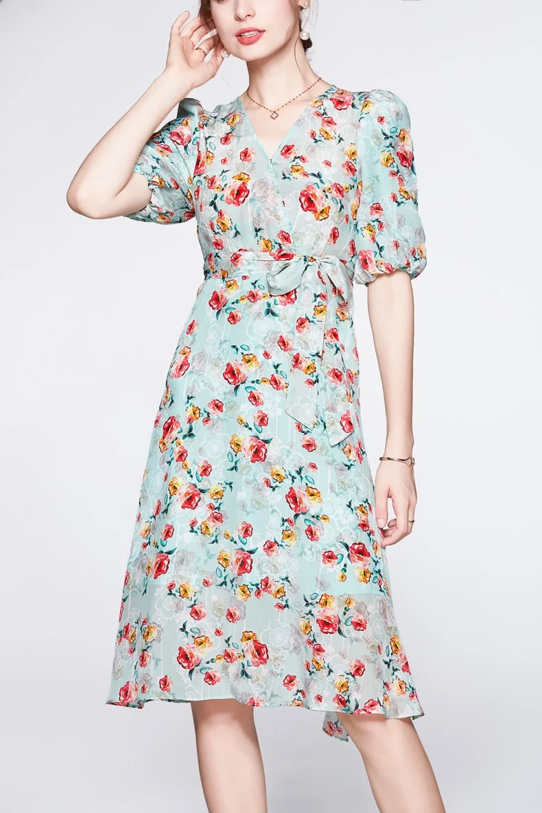 100% Silk Women's Dresses V Neck Short Sleeves Printed Sash Belt Fashion Summer Dress Vestidos