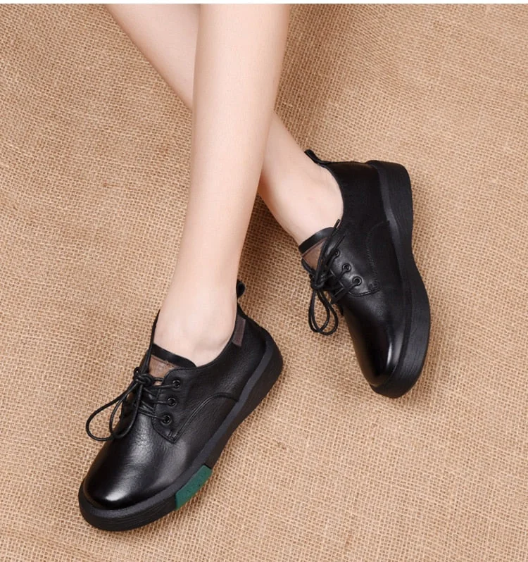 Sneakers Women Genuine Cow Leather Round Toe Lace-Up Ladies Retro Casual Flat Shoes Handmade Loafers - Image 3