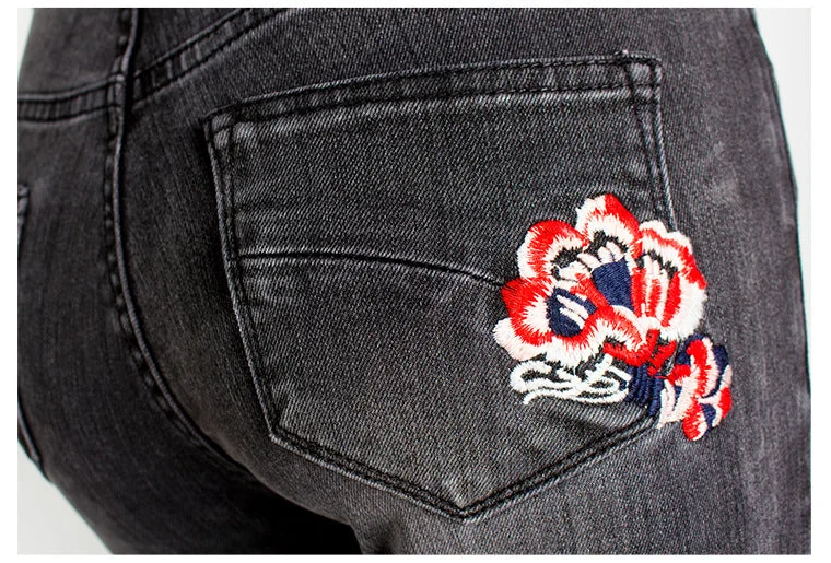 Vintage Embroidery Jeans Woman Elastic Black Jeans Spring Autumn Flare Denim Pants - Image 13