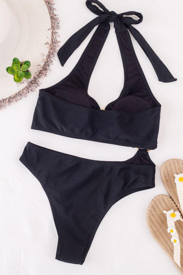 Black One Piece Swimsuits Women Push Up Swimwear Cut Out Monokini Sexy High Cut Bodysuits Bandage Halter Bathers 2021 New - Takalr