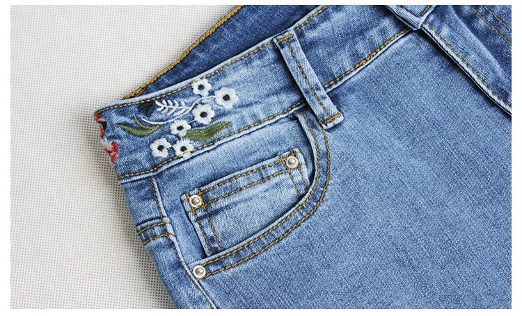 Denim Embroidered Flared Pants Women Mid Waist Jeans Wowens Embroidery Trousers - Image 9