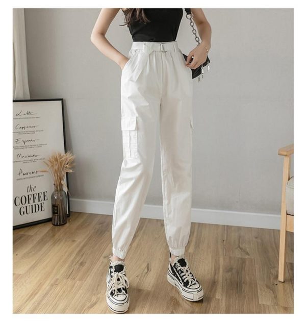 High Waist  Women's Looses Cargo Pants With belt nine-point harem pants Colorfur  high waist pants sashes pockets office pants - Takalr