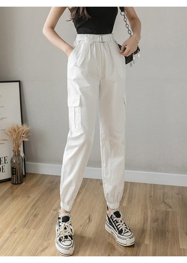 High Waist  Women's Looses Cargo Pants With belt nine-point harem pants Colorfur  high waist pants sashes pockets office pants - Takalr