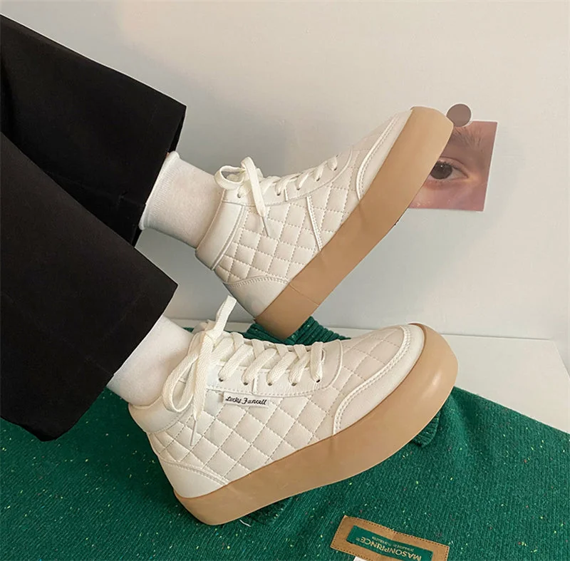 Women Shoes Autumn White PU Leather Sneakers Fashion Platform Sport Shoes Plaid Lace-up Casual Comfy Ankle Boots - Image 6
