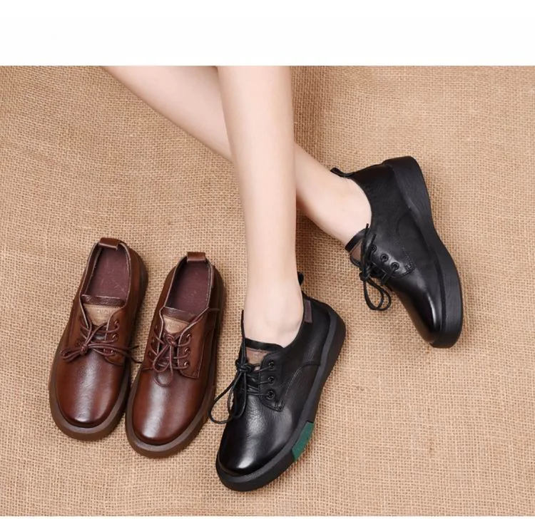 Sneakers Women Genuine Cow Leather Round Toe Lace-Up Ladies Retro Casual Flat Shoes Handmade Loafers