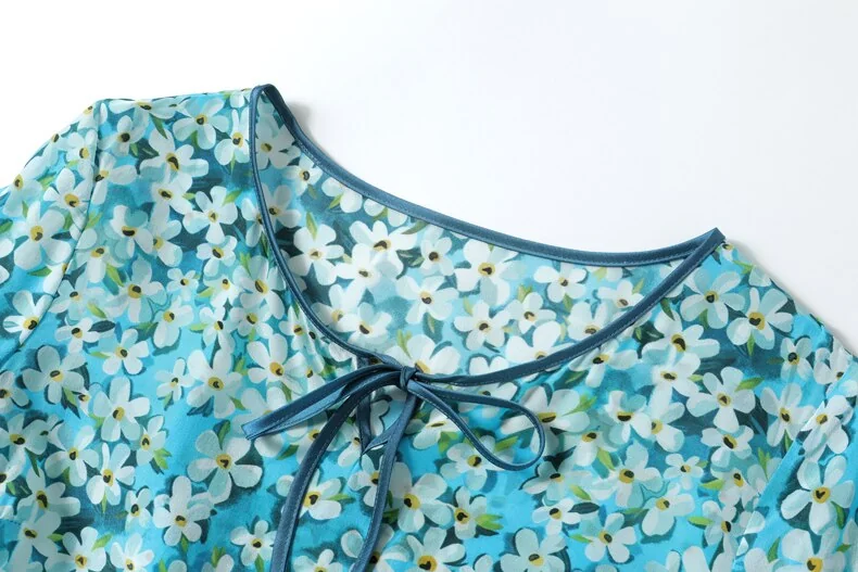 100% Silk Women's Dresses O Neck Short Sleeves Lace Up Waist Floral Printed Elegant Summer Dress Vestidos - Image 10