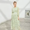 100% Heavy Silk Women's Dress O Neck 3/4 Sleeves Printed Ruched Fashion Mid Calf Dresses
