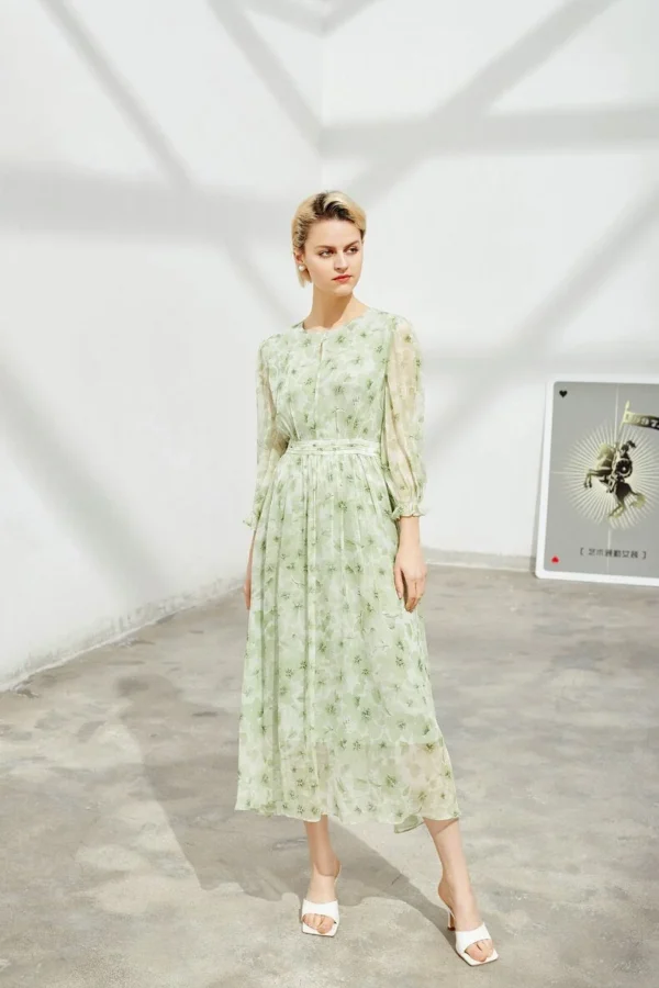 100% Heavy Silk Women's Dress O Neck 3/4 Sleeves Printed Ruched Fashion Mid Calf Dresses
